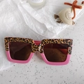 Detail of leopard print and pink patchwork frames on stylish kids square sunglasses - Leopard Print Rose Red