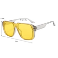 Detail view of modern oversized square sunglasses with dimensions 15cm width and 28g weight - Transparent Grey Frame Yellow Lens
