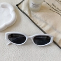 Detailed close-up of retro white oval sunglasses with dark lenses on a textured aesthetic base - White Frame / Dark Gray Lens