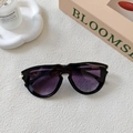 Detail of square vintage sunglasses with purple gradient lenses and gold accents - Black Double Gray
