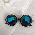 Retro black round cat eye sunglasses for kids with gold bee accents and blue lenses - Green 6-Black Round Frame Blue Mirror Lens Bee Decor