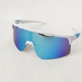 Dettaglio occhiali da sole sportivi bianchi con lenti a specchio sfumate viola - Bianco