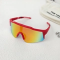 Detail of red matte sports sunglasses with colorful iridescent lenses and storage bag - Red