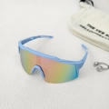Detail of light blue kids sports sunglasses with rainbow gradient lens and storage bag - Blue