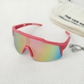 Detailed shot of kids sports sunglasses with pink matte frame and rainbow mirror lens - Pink