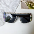 Oversized black frame sunglasses with clear rhinestones and colorful side crystals - Black Frame Iridescent Large Rhinestone (Black Rhinestone 7)
