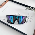Detail of oversized retro sports sunglasses with colorful mirrored lenses and lightweight frame - Black Frame Blue Mirrored Lens