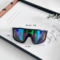 Macro view of oversize kids sport sunglasses with colorful gradient lenses and dimensions - Black Frame Green Mirror Lens