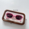 Pink rectangular kids sunglasses shown in wooden tray with dimension details - Pink