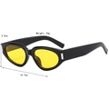 Retro black cat-eye sunglasses with yellow lenses and white size specifications - Glossy Black Frame Yellow Lens