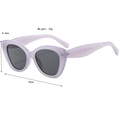 Lavender cat eye sunglasses with gray lenses and detailed frame dimensions - Jelly Purple