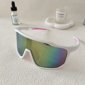 Detail view of large white sports sunglasses with iridescent lens and pink anti-slip pads - White Frame Gold Mirror