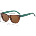 Cat eye sunglasses with brown frame, translucent green temples and dimensions shown - Transparent Tea