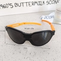Detail view of folding kids sunglasses with orange arms and weight dimensions - Black Frame Orange Legs
