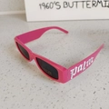 Kids rectangular hot pink sunglasses with silver Palm lettering and UV400 lenses - Rose Red