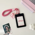 Detail of black leather card holder with pink braided lanyard and cute star charm details - Black