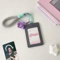 Detail of grey PU leather card holder with mint green carabiner and star pendant - With Lanyard + Pendant / Gray