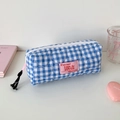 Detailed heart quilting on blue checkered pencil case with pink tassel and labels - Blue