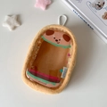 Macro shot of 10cm plush doll storage bag with transparent window and cute dog print - Khaki