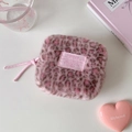 Detail of pink leopard plush pouch with Hisocute label and soft textured fur material - Pink Brown Leopard