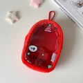Red plush trim transparent storage bag for plush dolls with metal hook and cute cat motifs - Red
