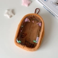 Close-up of brown plush 10cm doll display bag with transparent PVC window and carabiner - Brown