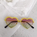 Yellow heart-shaped kids sunglasses with floral embossed frame and gradient lenses - Flower Chain Yellow Pink