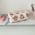 Pink quilted fabric pencil case with cute capybara print and blue zipper puller strap - Khaki (Pink Capybara)