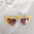 Kids heart sunglasses in yellow translucent frames with white star patterns and purple lenses - Starry Yellow