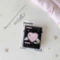 Detail of a mini black heart-window photo album keychain with white bead chain - Black
