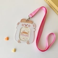 Detail of cute cartoon bear PU card holder with pink neck lanyard and bread design - White Bear