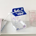 Detail view of transparent milk box doll carrier bag with blue and white accents - Dark Blue Milk Case Style