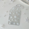 Close-up of transparent acrylic card holder with white snowflake patterns and bead chain - Transparent Snowflake