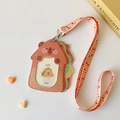 Detail of cute brown bear sandwich PU card holder with orange checkered lanyard - Brown Bear