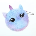 Detail of plush unicorn coin purse featuring blue purple gradient fur and sequined horn - Big Eyes Purple
