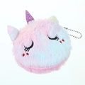 Detail view of plush unicorn coin purse with rainbow fur, sequins horn and metal chain - Smiling Pink