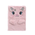 Cute pink plush cat notebook with sequin ears and embroidered details on white background - Pink Cat