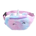 Close-up of plush unicorn waist bag with rainbow faux fur and embroidered details - Violet