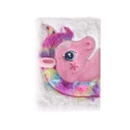 Plüsch-Notizbuch mit weißem Kunstfell-Einband und gesticktem Einhorn-Motiv in Rosa - Hellweiß