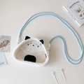 Detailed view of plush onigiri bag with cat ears, soft texture and blue rope strap - Sweat Face Onigiri (Blue Strap)