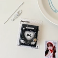 Detail of black heart-shaped mini photo album keychain with wings and ball chain accessory - Black