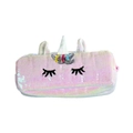 Detail of pink unicorn sequin pencil case with 3D horn and embroidered eyelashes - Pink White