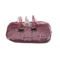 Macro detail of pink sequin unicorn pencil case with 3D horn and eyelash embroidery - Rose Gold
