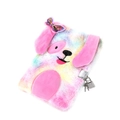 Detail of cute rainbow plush dog notebook with a secure metal lock and key for kids - Multicolor (With Lock)