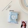 Mini blue wing-themed photo holder keychain with heart window and bead chain clasp - Blue