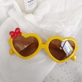 Cute kids heart sunglasses in yellow frame with brown lenses and red bow accent - Pink Bow Full Yellow