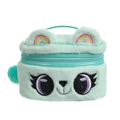 Detail of mint green plush cartoon cosmetic bag with sequined eyes and rainbow embroidery - Light Green