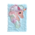 Close-up of fluffy blue unicorn notebook featuring rainbow horn and sequin embroidery details - Sky Blue