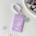 Detail of purple cartoon card holder with white spiral lanyard and rabbit charm - Purple