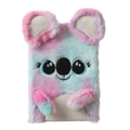 Dettaglio del taccuino in peluche koala rosa tie-dye con orecchie 3D e inserti glitter - Tie-Dye Viola